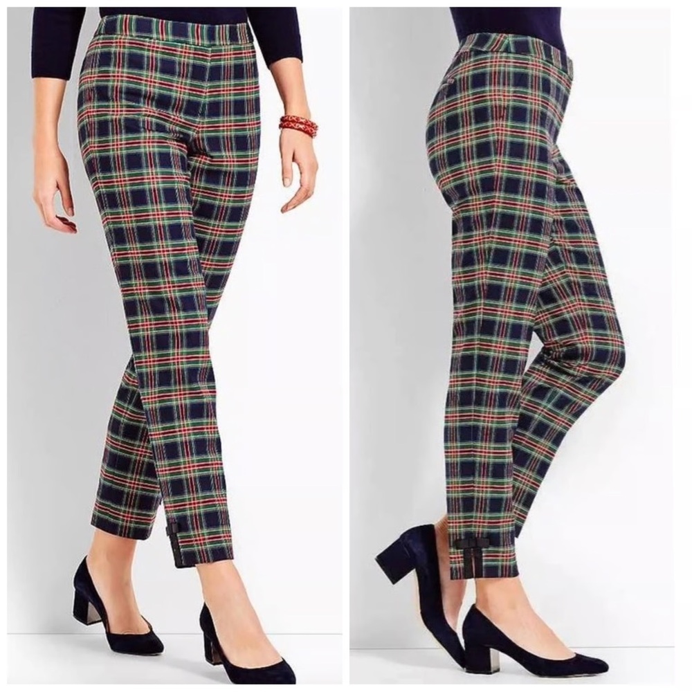 Talbots tartan plaid navy blue, green, and red ankle pants with bow size 10 P